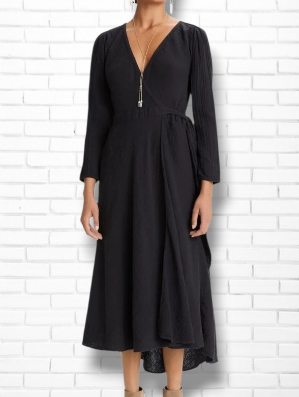 Xirena Reece Black Gauze Slub Cotton Long Sleeve V Neck Maxi Dress Size XS